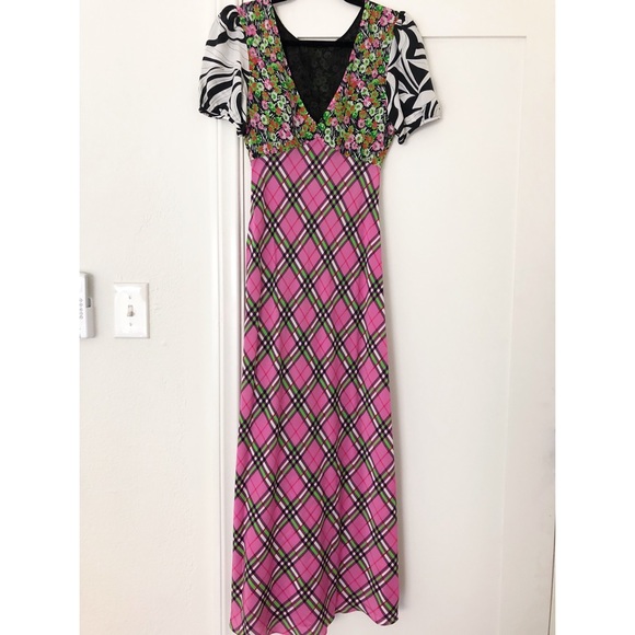 RIXO LONDON WINNIE DRESS CHECK SWIRL FLORAL IN PINK SIZE XXS - Picture 3 of 4